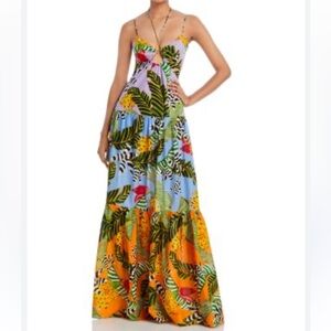 NWT🍃FARM RIO🍌Mixed Striped Bananas” Multicolor Leaf Print Maxi Dress. Size S